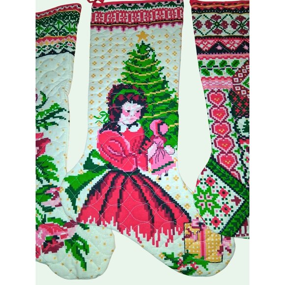 Set Of 3 Quilted Christmas Stockings Vintage-Inspired Designs Floral Victorian L - Picture 3 of 10